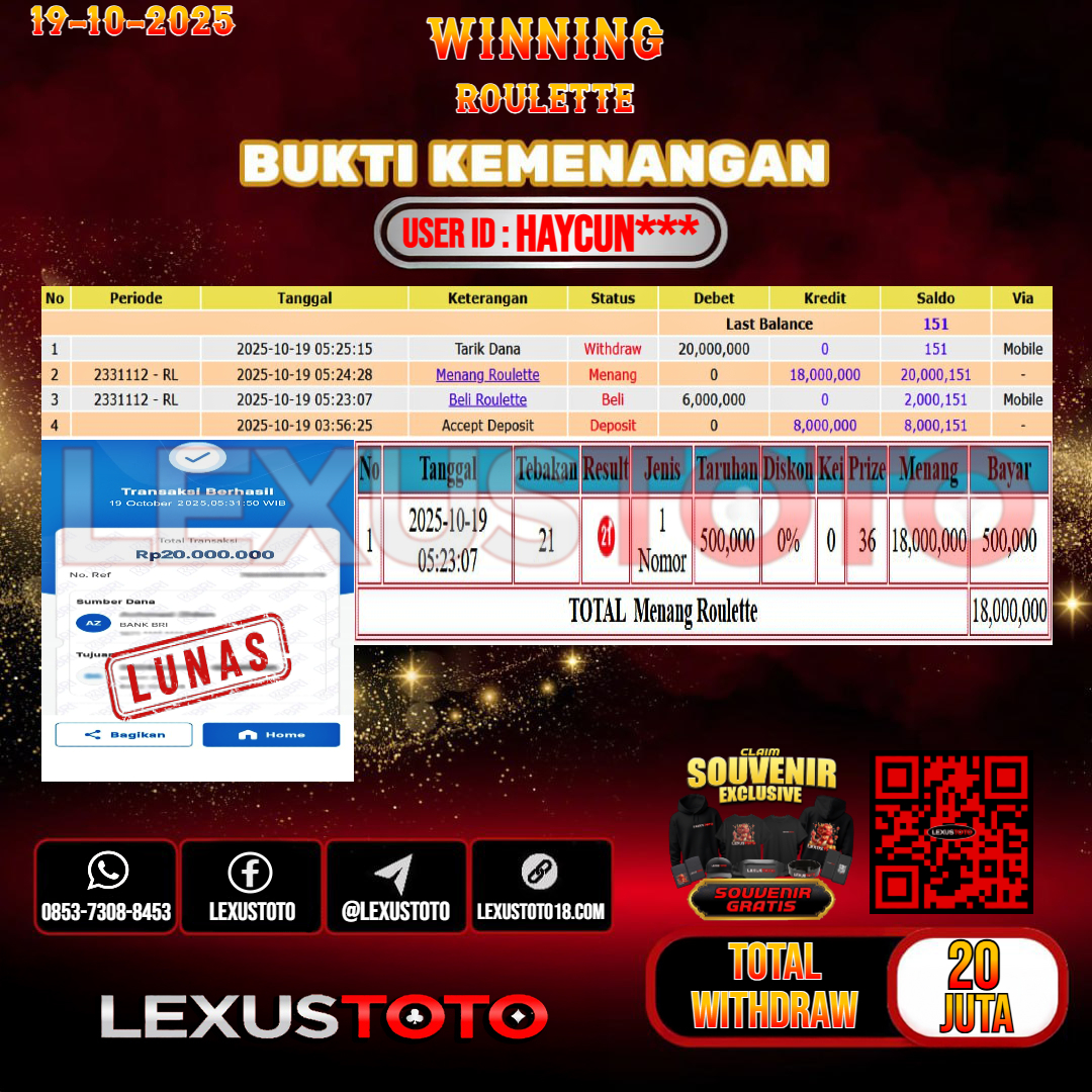 LEXUSTOTO JACKPOT LIVE GAMES ROULETTE Rp.20.000.000,- LUNAS USER ID : HAYCUN***