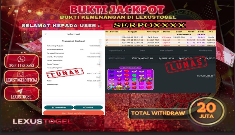 LEXUSTOTO JACKPOT SLOT SWEET BONANZA Rp. 20.000.000,- LUNAS ID : SERPO***