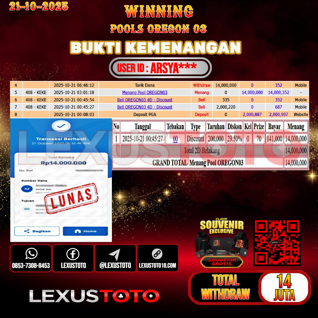 LEXUSTOTO JACKPOT TOGEL OREGON 03 Rp.14.000.000,- LUNAS USER ID : ARSYA***