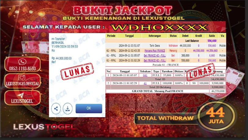 LEXUSTOTO JACKPOT TOGEL PASARAN FRANCE Rp. 44.000.000,- LUNAS ID : WDHO***