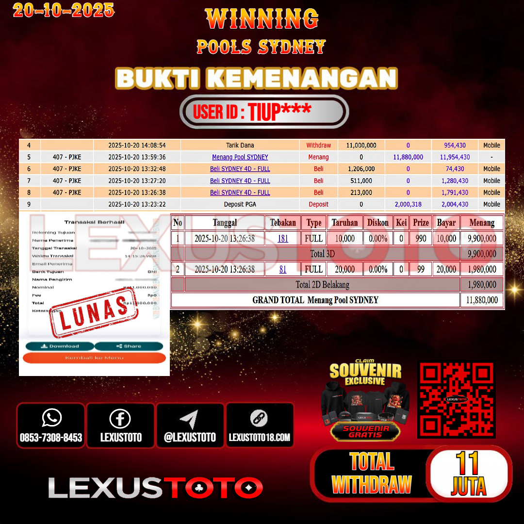 LEXUSTOTO JACKPOT TOGEL SYDNEY Rp.11.000.000,- LUNAS USER ID : TIUP***
