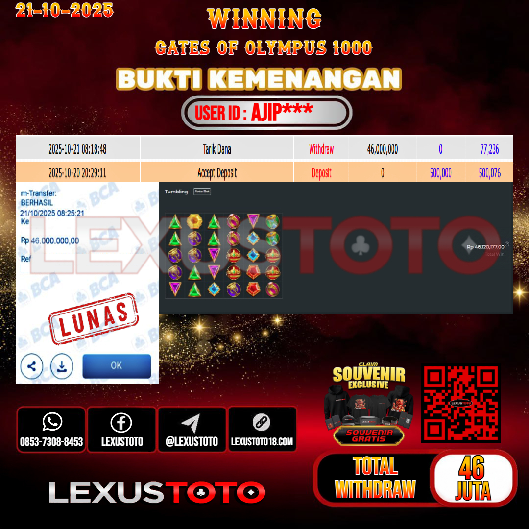 LEXUSTOTO JACKPOT SLOT GATES OF OLYMPUS 1000 Rp.46.000.000,- LUNAS USER ID : AJIP***