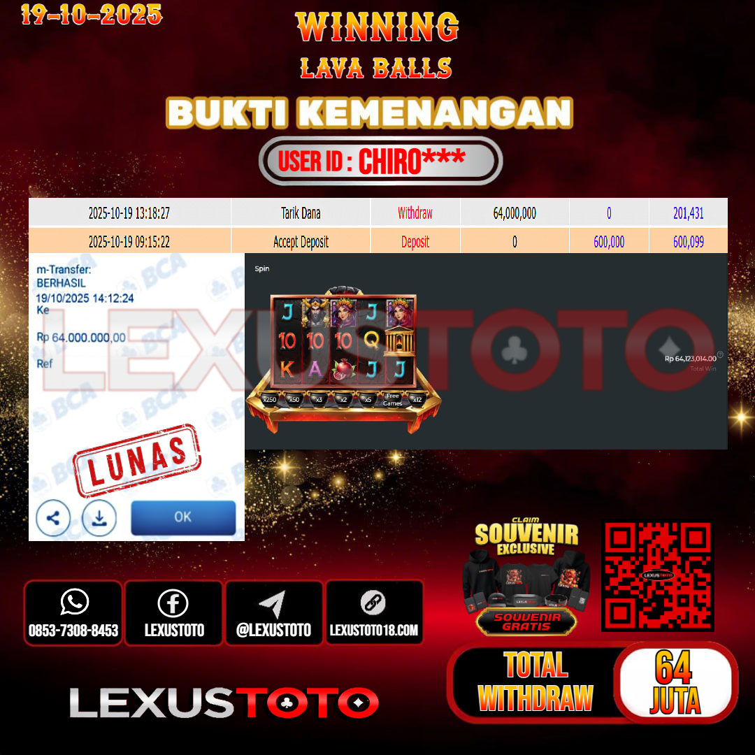 LEXUSTOTO JACKPOT SLOT LAVA BALLS Rp.64.000.000,- LUNAS USER ID : CHIRO***