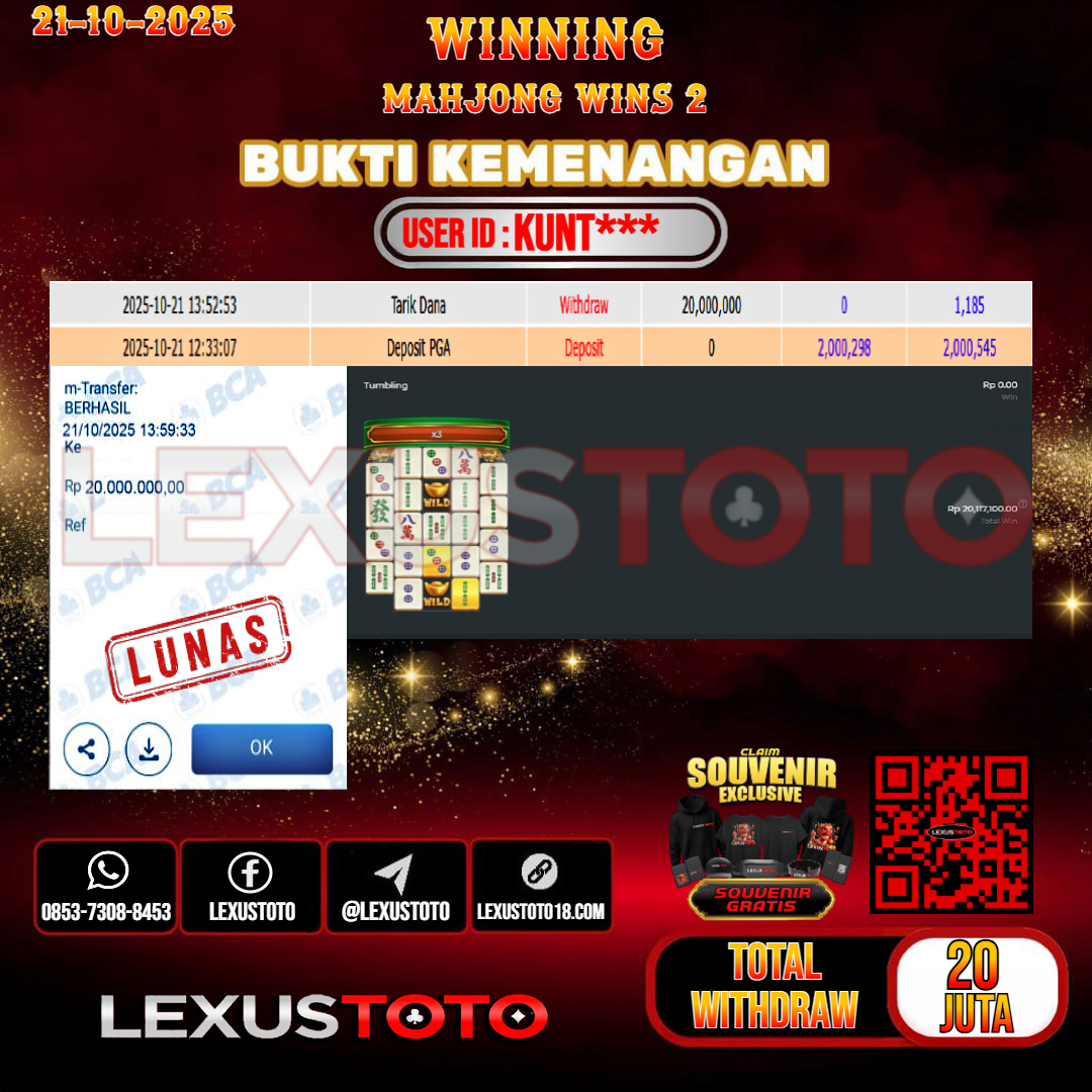 LEXUSTOTO JACKPOT SLOT MAHJONG WINS 2 Rp.20.000.000,- LUNAS USER ID : KUNT***