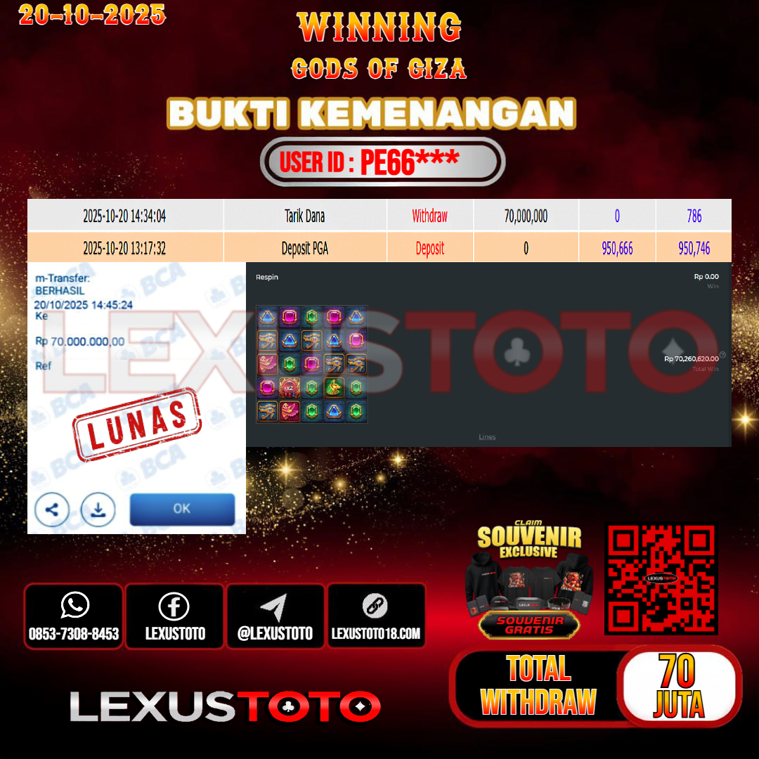 LEXUSTOTO JACKPOT SLOT GODS OF GIZA Rp.70.000.000,- LUNAS USER ID : PE66***
