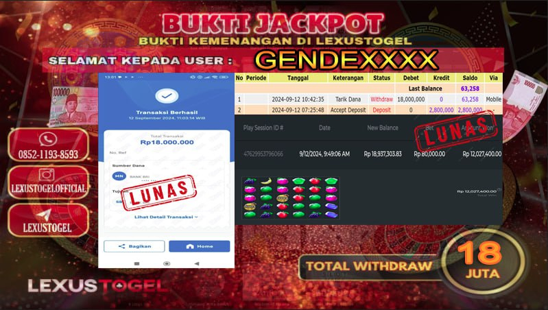 LEXUSTOTO JACKPOT SLOT SWEET BONANZA XMAX Rp . 18.000.000,- LUNAS ID : GENDE***