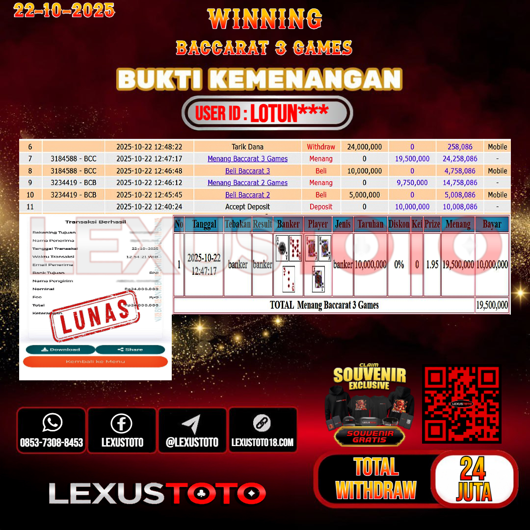 LEXUSTOTO JACKPOT LIVE GAMES BACCARAT 3 Rp.24.000.000,- LUNAS USER ID : LOTUN***
