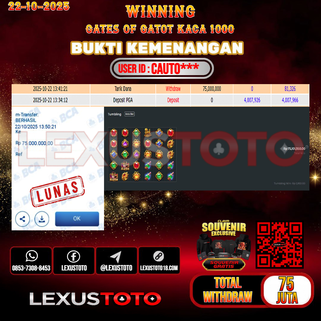 LEXUSTOTO JACKPOT SLOT GATES OF GATOT KACA 1000 Rp.75.000.000,- LUNAS USER ID : CAUTO***