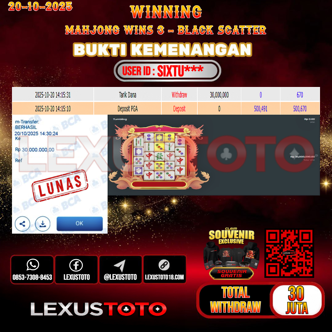 LEXUSTOTO JACKPOT SLOT MAHJONG WINS 3 - BLACK SCATTER Rp.30.000.000,- LUNAS USER ID : SIXTU***