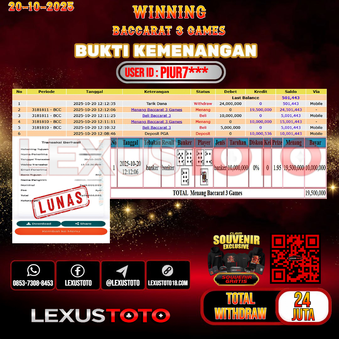 LEXUSTOTO JACKPOT LIVE GAMES BACCARAT 3 Rp.24.000.000,- LUNAS USER ID : PIUR7***